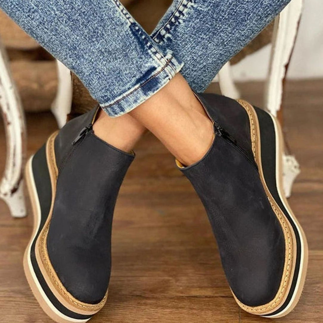 Women's Round-Toe Wedge Platform Zipper Ankle Boots