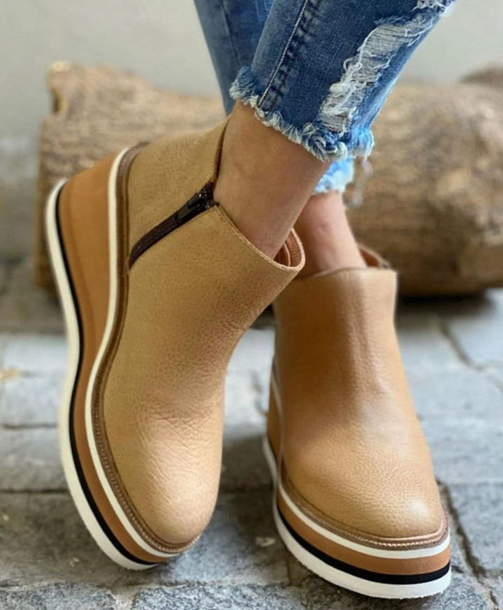 Women's Round-Toe Wedge Platform Zipper Ankle Boots - Khaki
