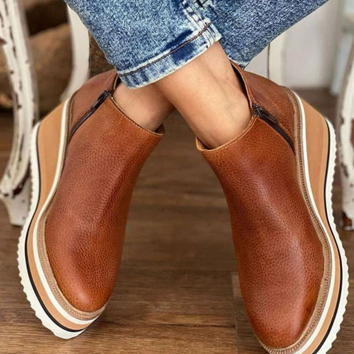 Women's Round-Toe Wedge Platform Zipper Ankle Boots - Dark Brown