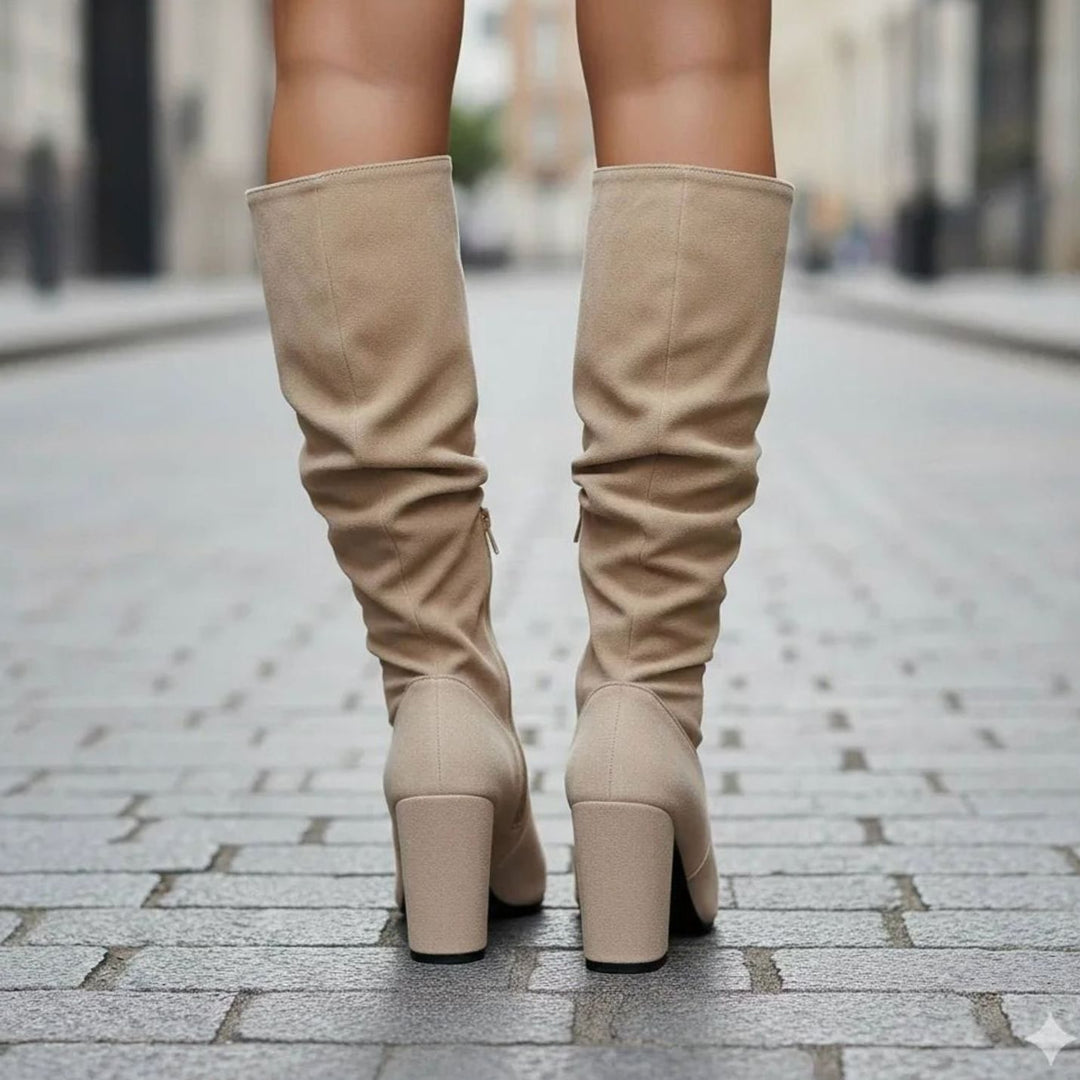 Women's Ruched Faux Suede Block-Heel Knee High Boots