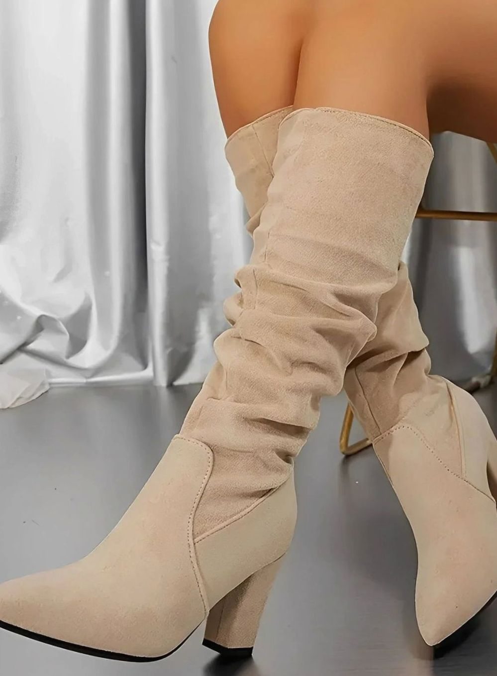 Women's Ruched Faux Suede Block-Heel Knee High Boots