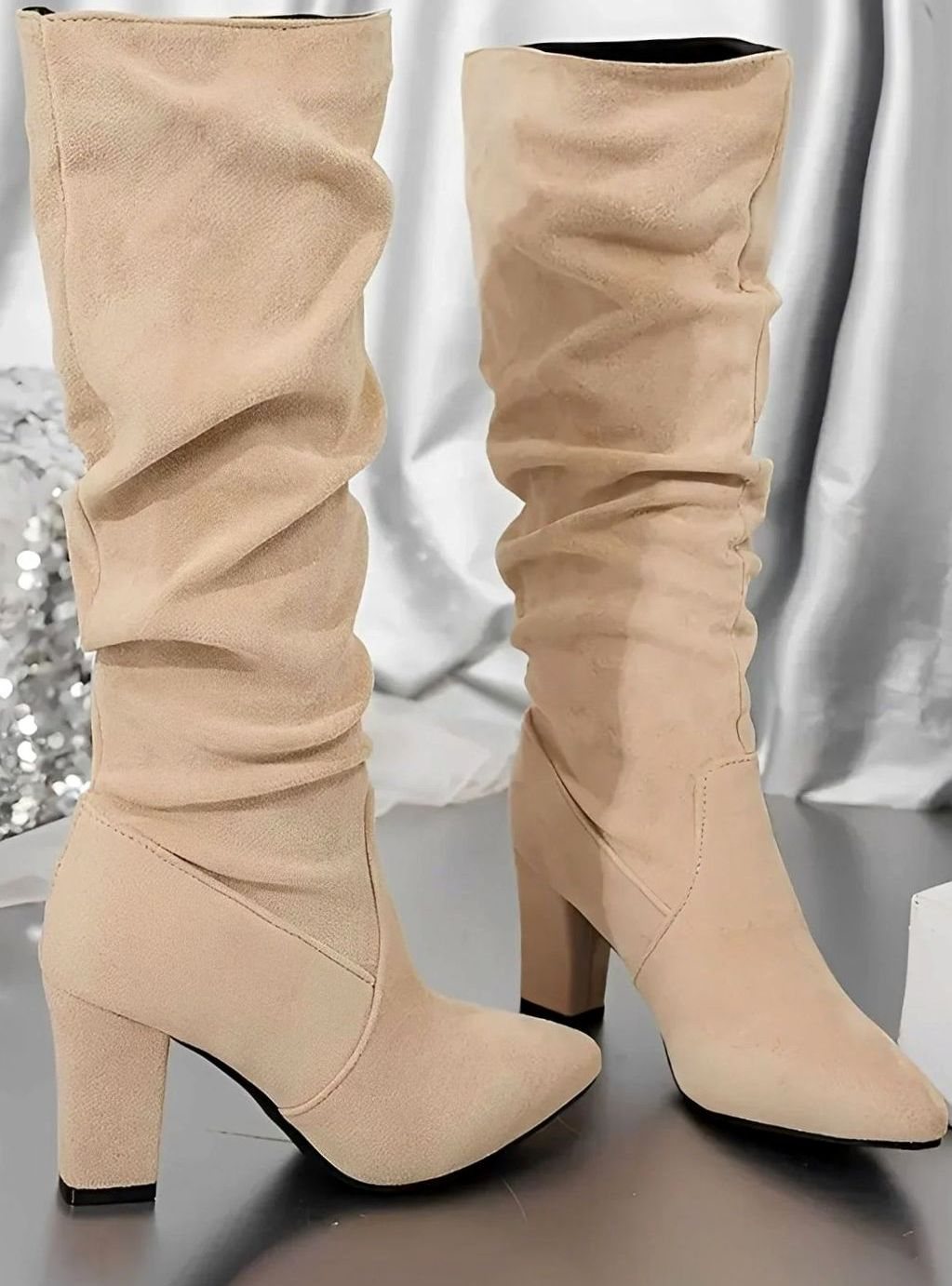 Women's Ruched Faux Suede Block-Heel Knee High Boots