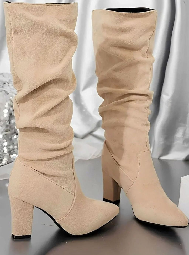 Women's Ruched Faux Suede Block-Heel Knee High Boots