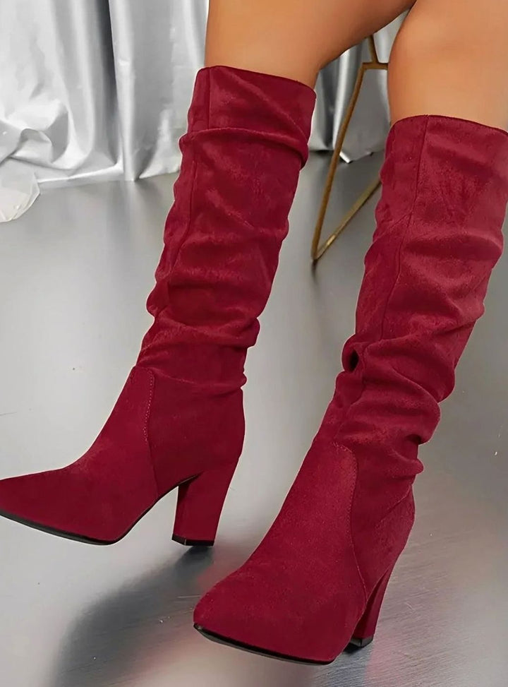 Women's Ruched Faux Suede Block-Heel Knee High Boots