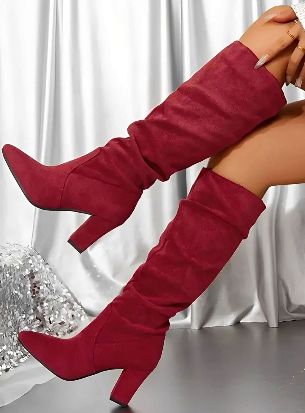Women's Ruched Faux Suede Block-Heel Knee High Boots - Burgundy
