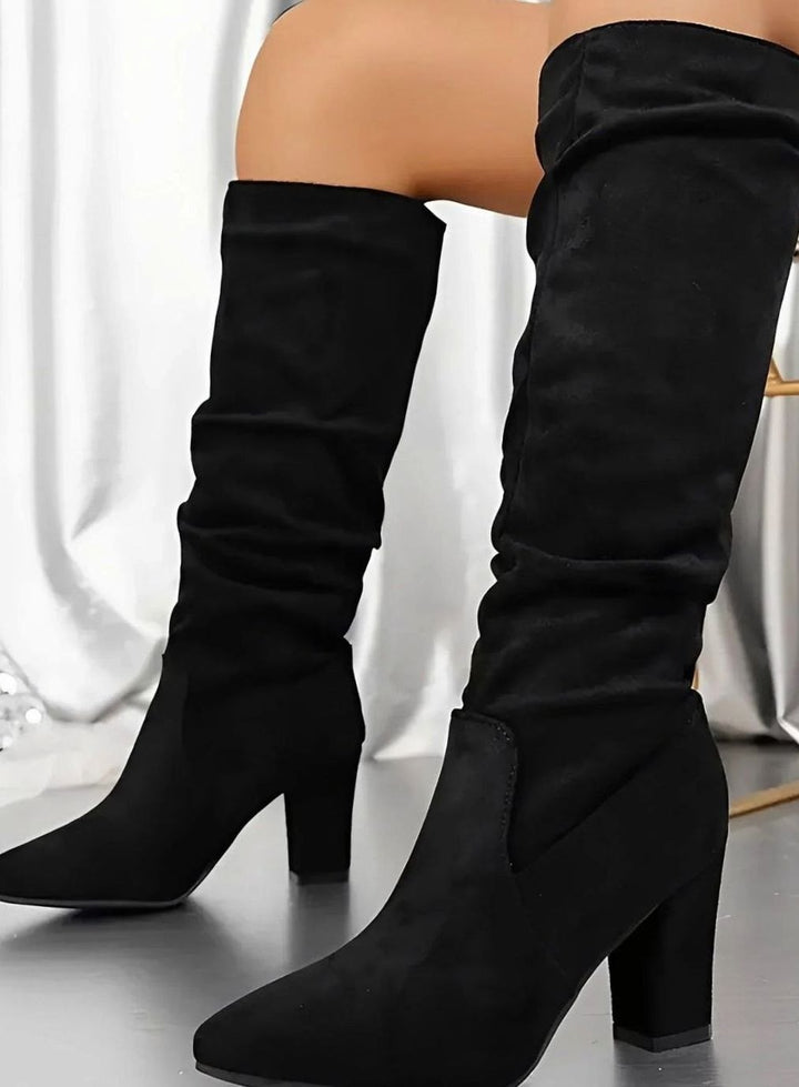 Women's Ruched Faux Suede Block-Heel Knee High Boots - Black