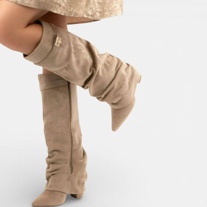 Women's Ruched Knee High Boots Pointed Toe Low Block Heel - Light Brown