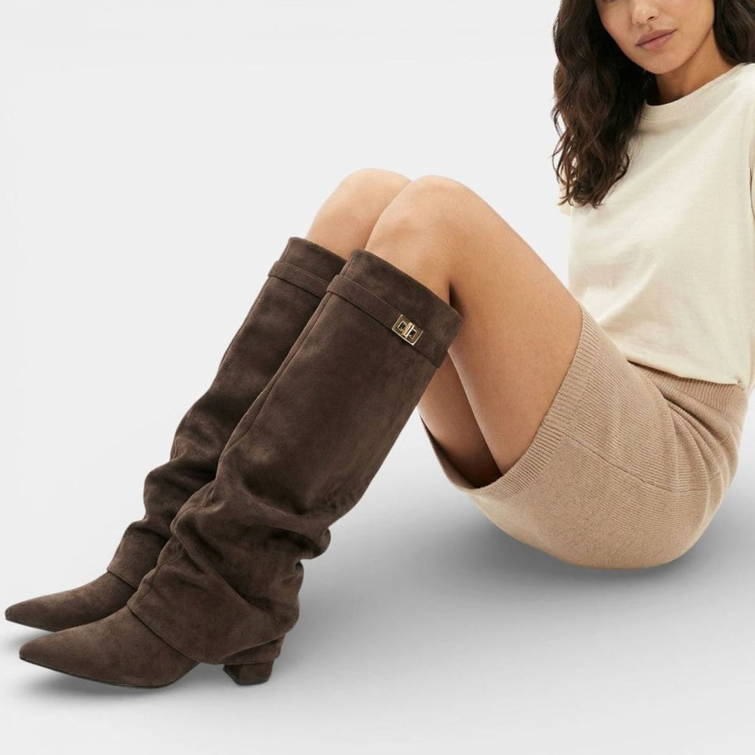 Women's Ruched Knee High Boots Pointed Toe Low Block Heel