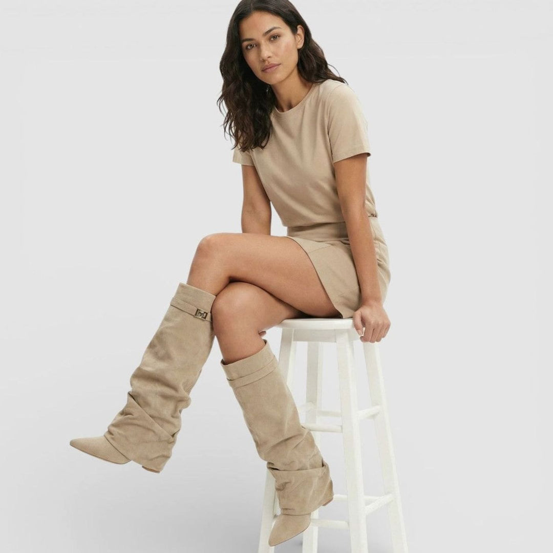 Women's Ruched Knee High Boots Pointed Toe Low Block Heel