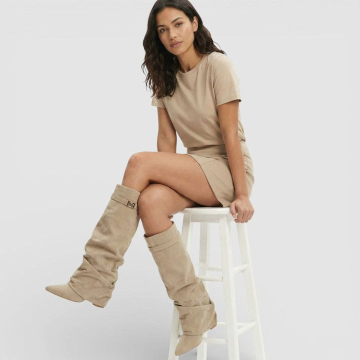 Women's Ruched Knee High Boots Pointed Toe Low Block Heel