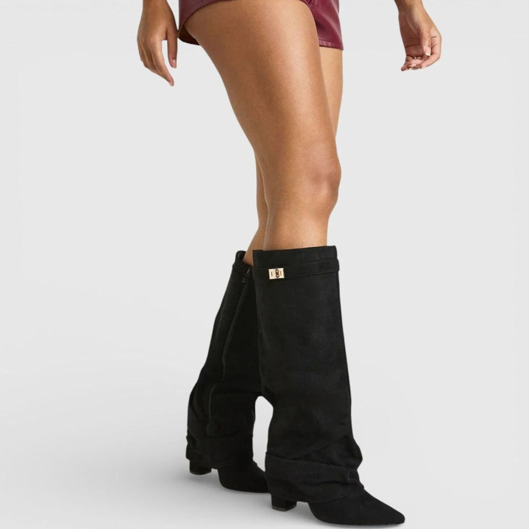 Women's Ruched Knee High Boots Pointed Toe Low Block Heel - Black