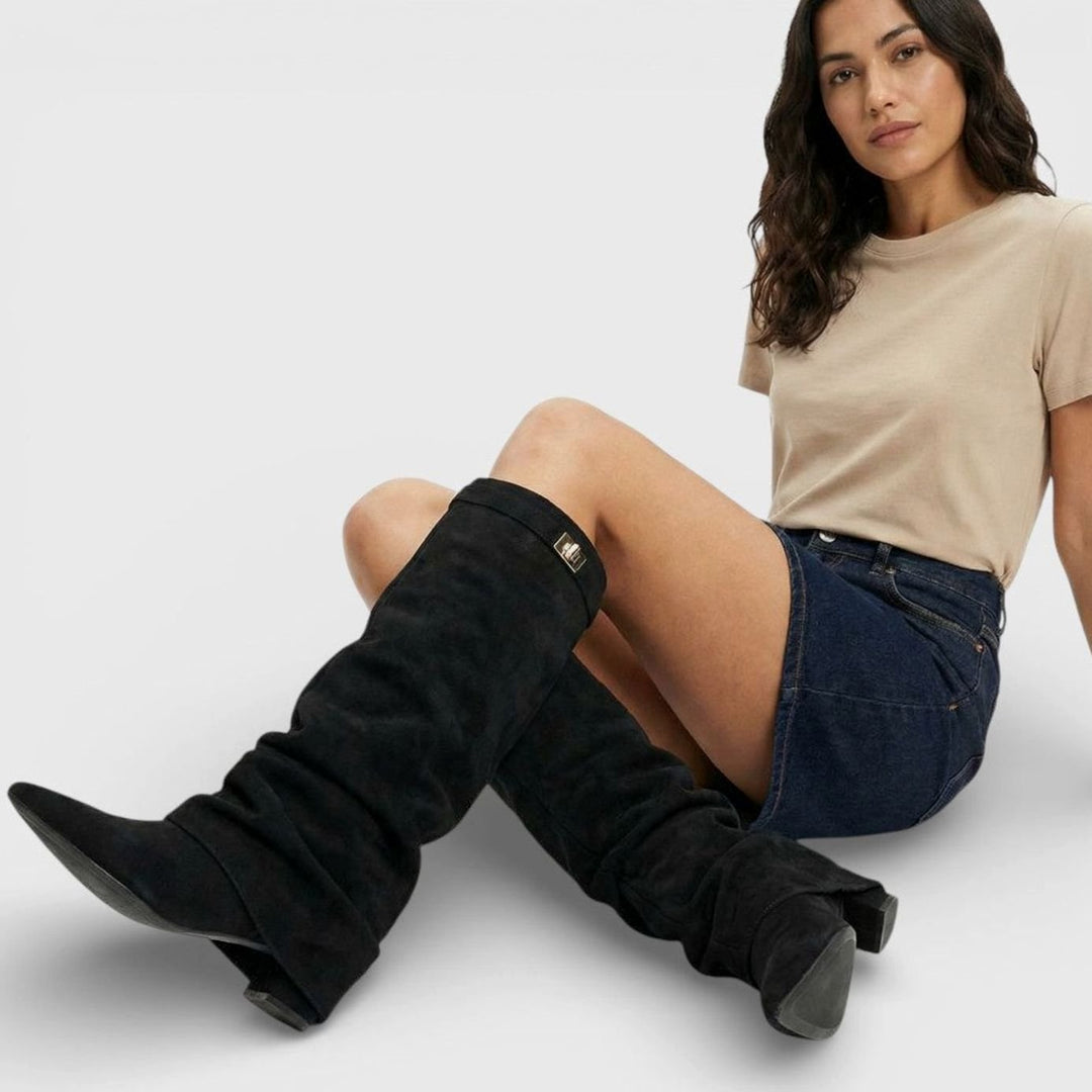 Women's Ruched Knee High Boots Pointed Toe Low Block Heel