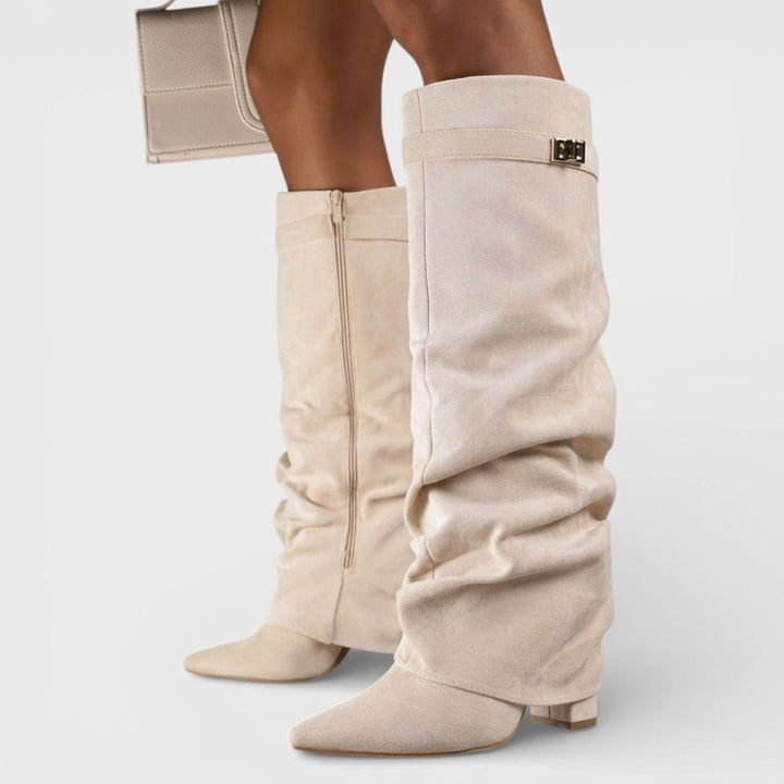 Women's Ruched Knee High Boots Pointed Toe Low Block Heel - Beige