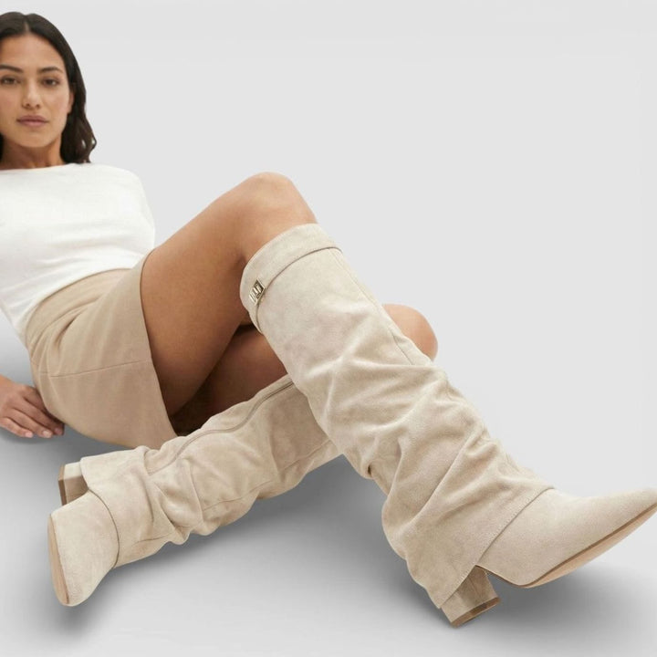 Women's Ruched Knee High Boots Pointed Toe Low Block Heel