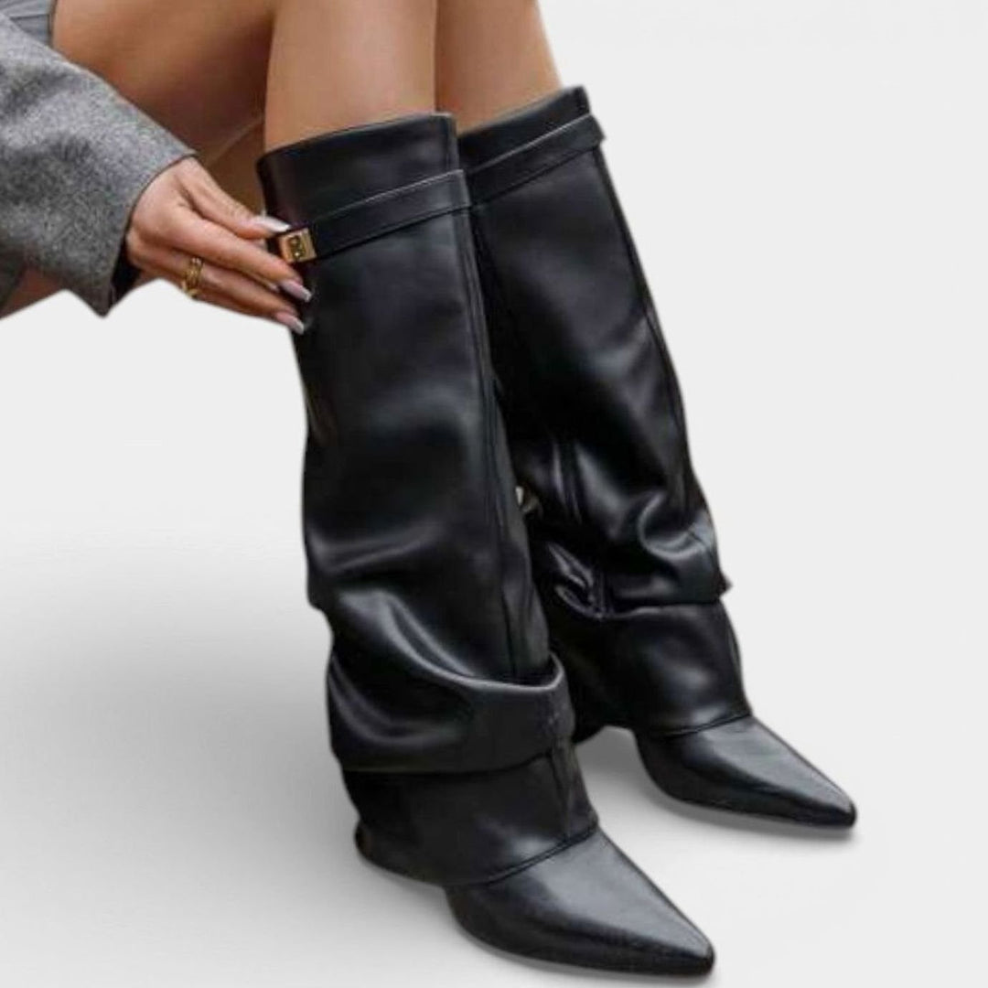 Women's Ruched Knee High Boots Pointed Toe Low Block Heel - Black Snake