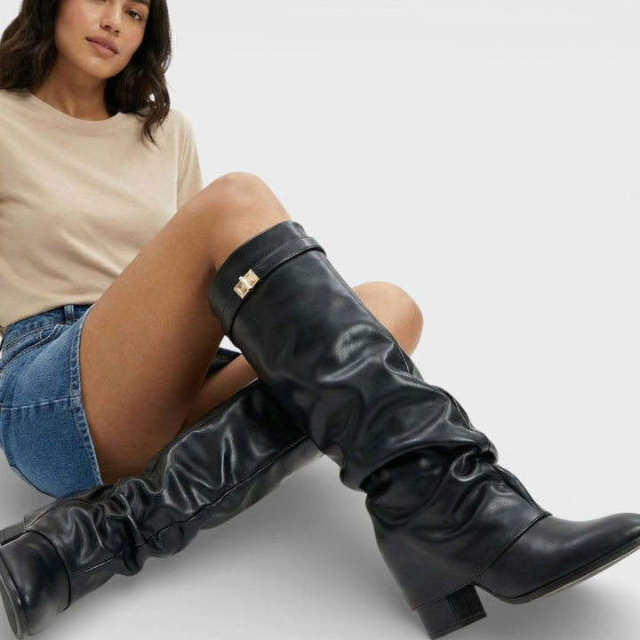 Women's Ruched Knee High Boots Pointed Toe Low Block Heel