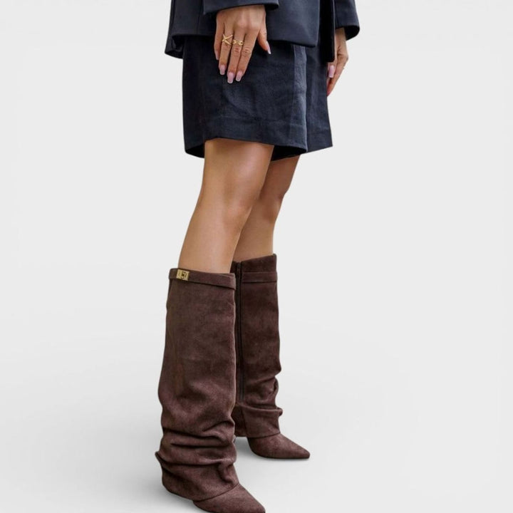 Women's Ruched Knee High Boots Pointed Toe Low Block Heel - Dark Brown