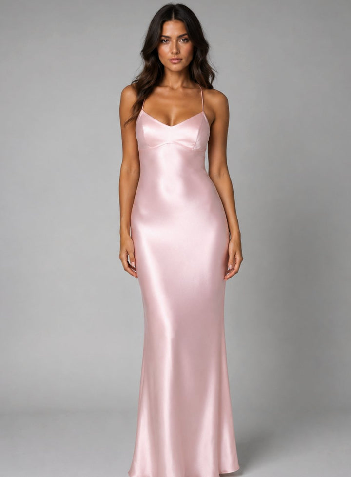 Women's Satin-Feel Bias-Cut Open-Back Maxi Evening Gown - Blush Pink