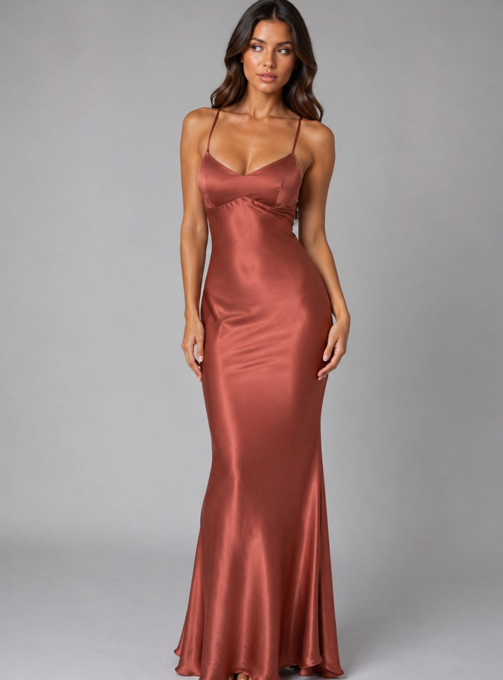 Women's Satin-Feel Bias-Cut Open-Back Maxi Evening Gown - Rust