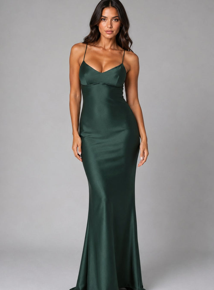 Women's Satin-Feel Bias-Cut Open-Back Maxi Evening Gown - Dark Green