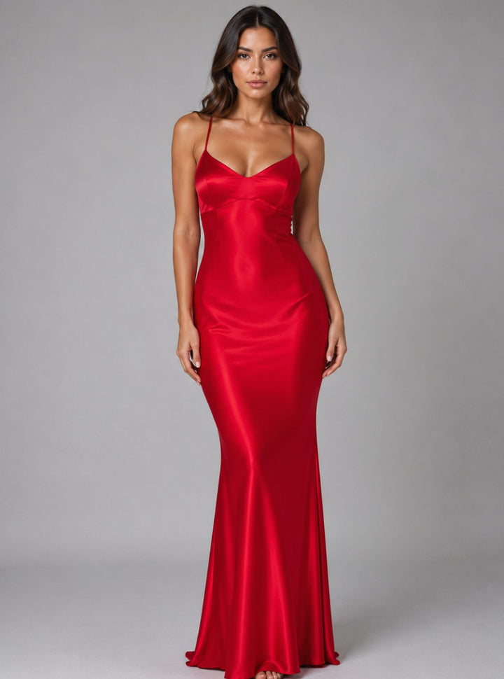 Women's Satin-Feel Bias-Cut Open-Back Maxi Evening Gown - Red