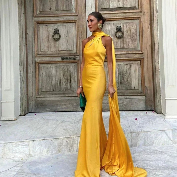 Women's Satin Maxi Dress Single Shoulder Open Back Cape Detail - Yellow