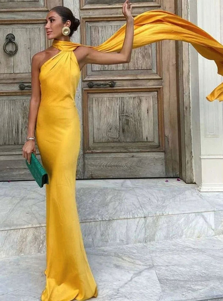Women's Satin Maxi Dress Single Shoulder Open Back Cape Detail