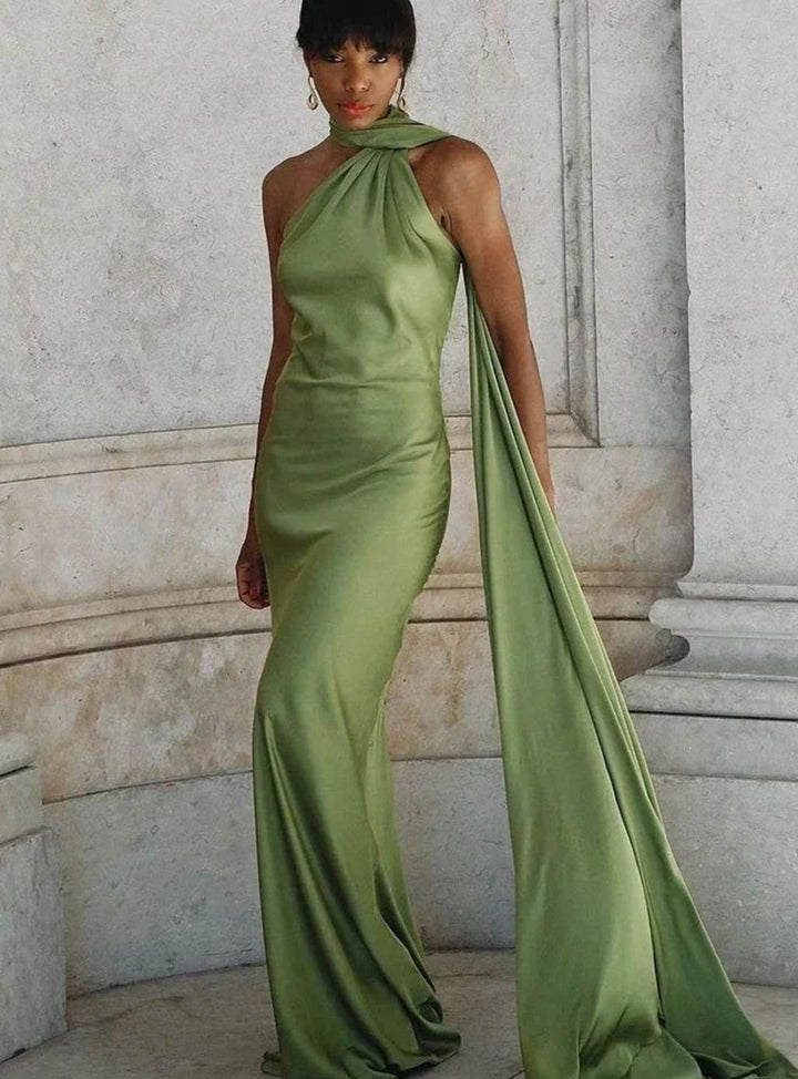 Women's Satin Maxi Dress Single Shoulder Open Back Cape Detail - Green