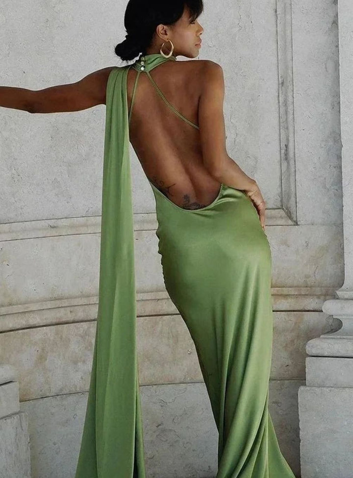 Women's Satin Maxi Dress Single Shoulder Open Back Cape Detail