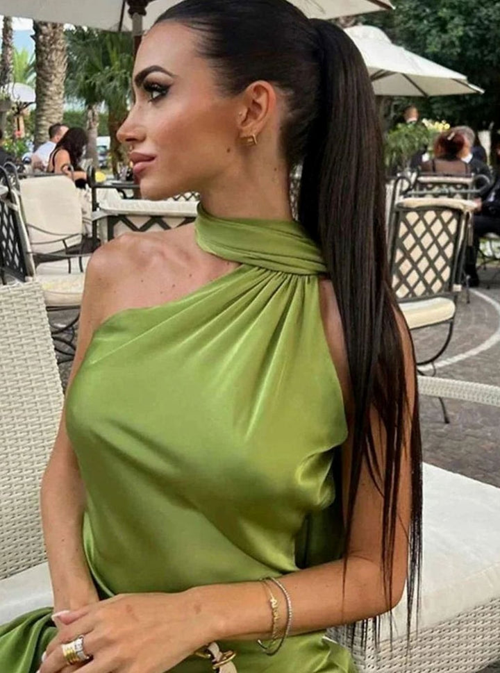 Women's Satin Maxi Dress Single Shoulder Open Back Cape Detail