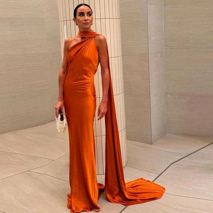 Women's Satin Maxi Dress Single Shoulder Open Back Cape Detail - Orange