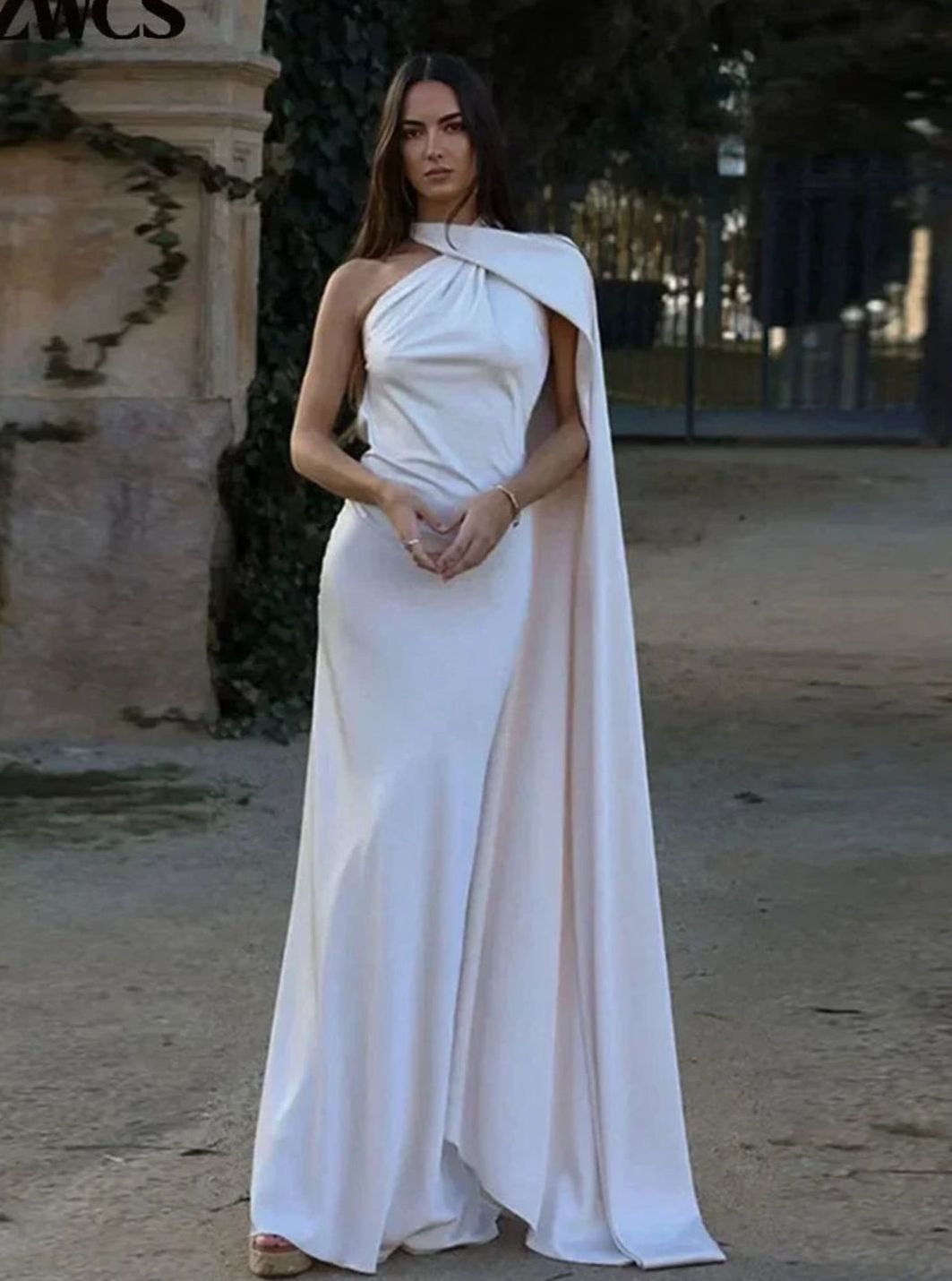 Women's Satin Maxi Dress Single Shoulder Open Back Cape Detail
