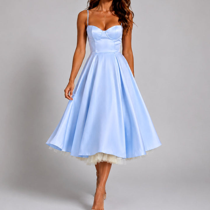 Women's Satin Sweetheart Flared-Skirt Cocktail Dress - Blue
