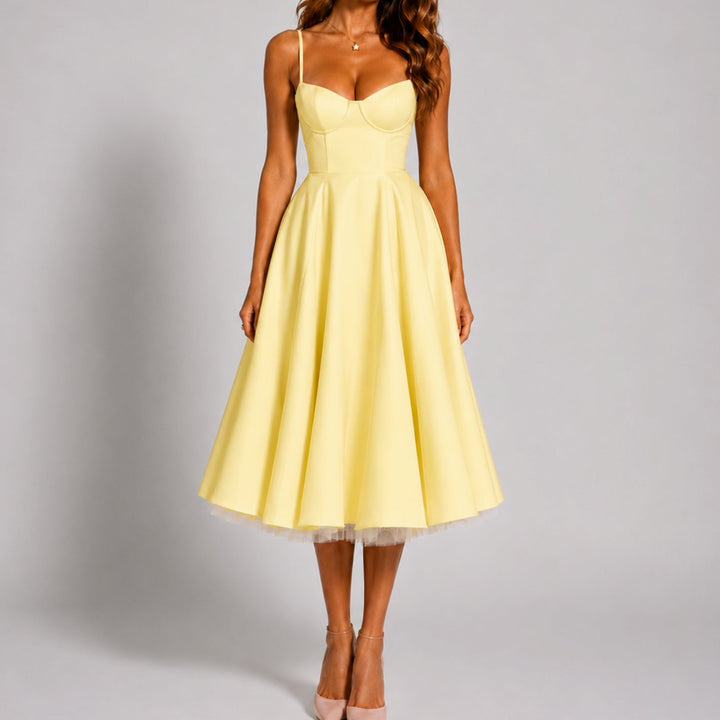 Women's Satin Sweetheart Flared-Skirt Cocktail Dress - Yellow