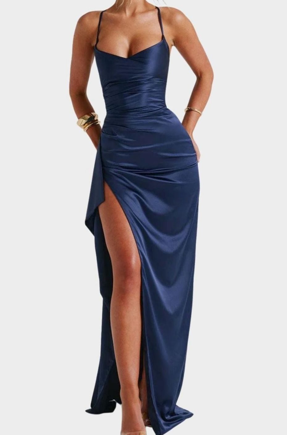 Women's Satin Sweetheart Spaghetti Strap High-Slit Maxi Evening Dress