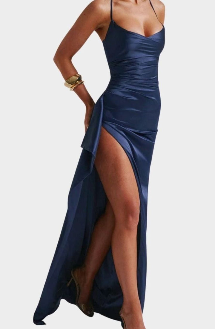 Women's Satin Sweetheart Spaghetti Strap High-Slit Maxi Evening Dress