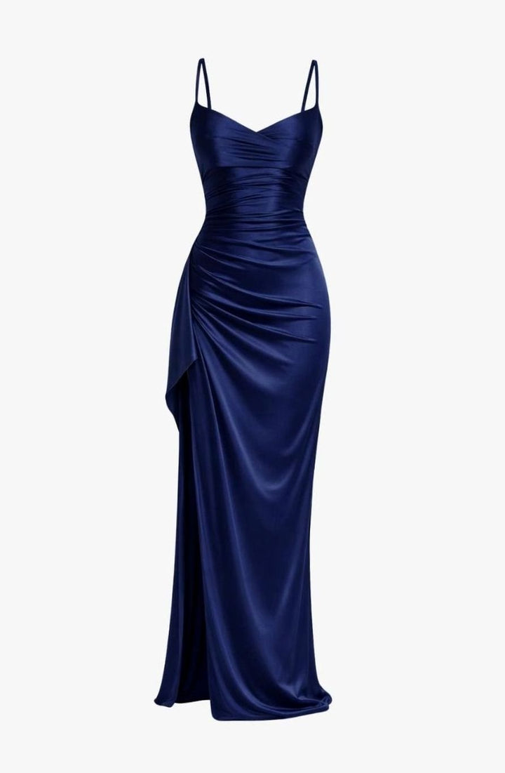 Women's Satin Sweetheart Spaghetti Strap High-Slit Maxi Evening Dress - Navy Blue