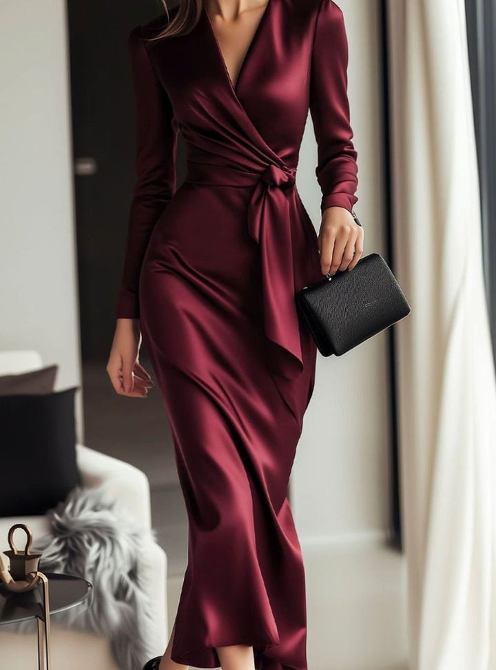Women's Satin Wrap Midi Cocktail Dress Long Sleeve Tie Waist - Burgundy