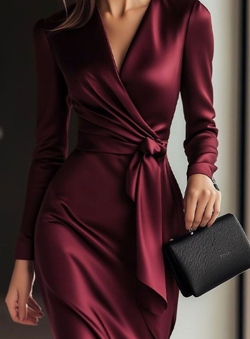 Women's Satin Wrap Midi Cocktail Dress Long Sleeve Tie Waist