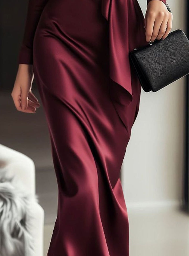Women's Satin Wrap Midi Cocktail Dress Long Sleeve Tie Waist