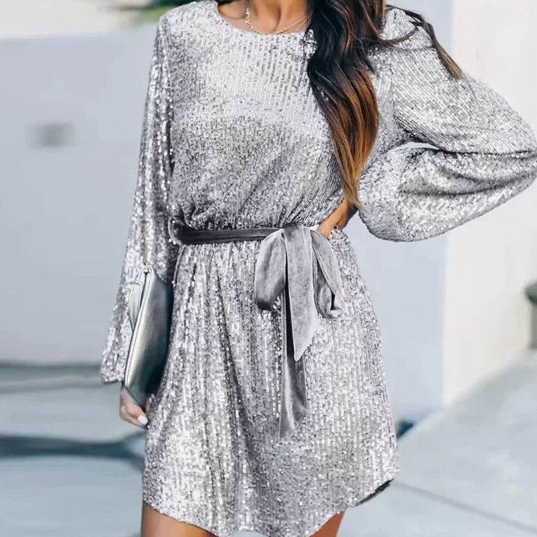 Women's Sequin Christmas Party Dress Balloon Sleeve Belted Mini - Gray