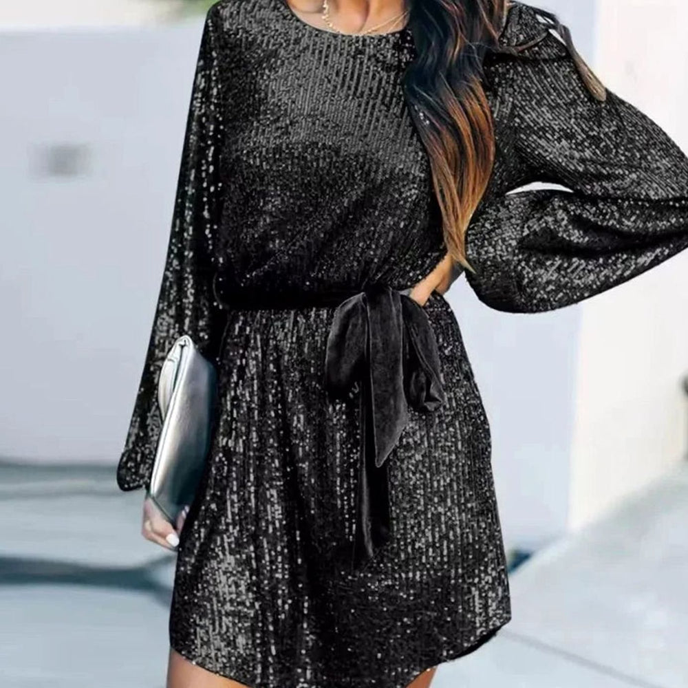 Women's Sequin Christmas Party Dress Balloon Sleeve Belted Mini - Black