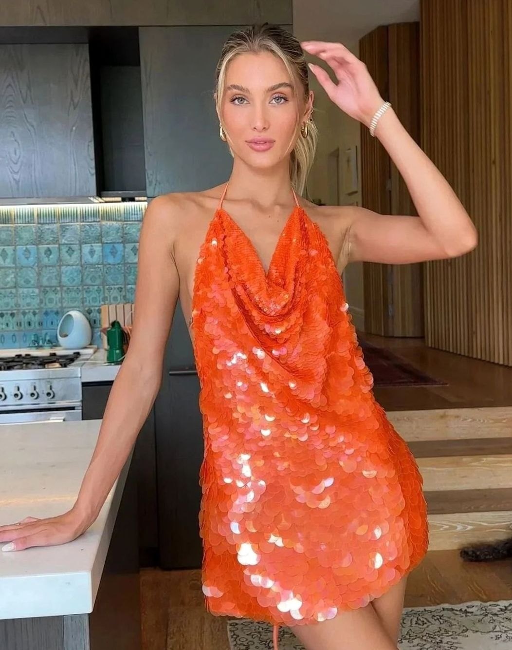 Women's Sequin Cowl-Neck Halter Mini Christmas Party Dress