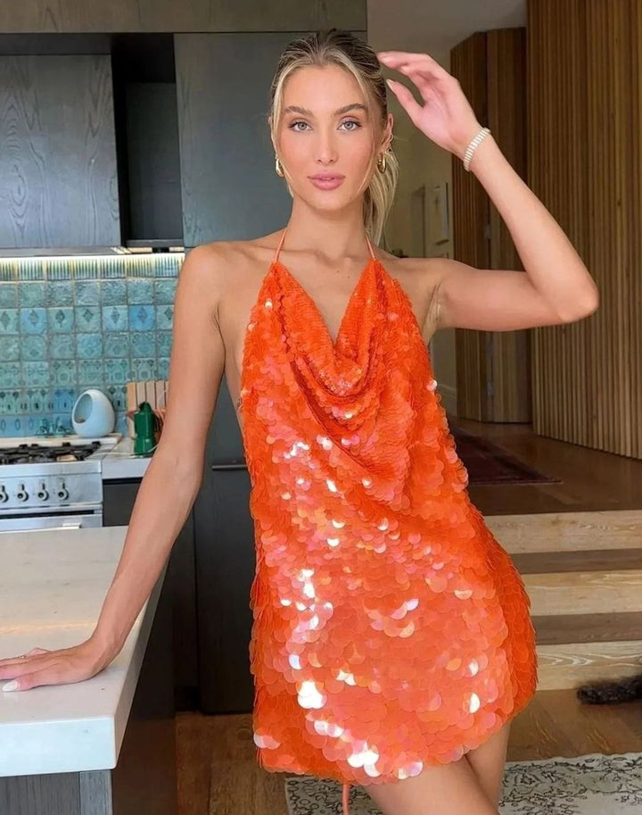Women's Sequin Cowl-Neck Halter Mini Christmas Party Dress