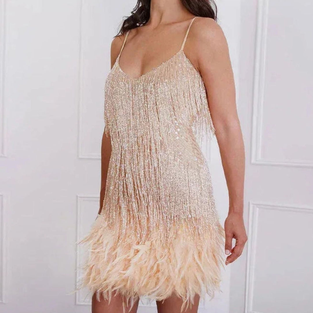 Women's Sequin Feather-Fringe Spaghetti-Strap Formal Mini Dress - Pink Gold
