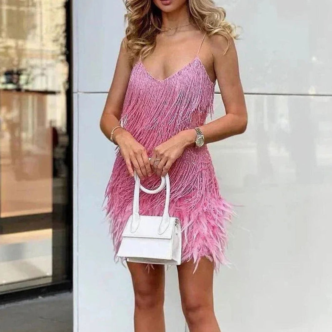 Women's Sequin Feather-Fringe Spaghetti-Strap Formal Mini Dress - Pink