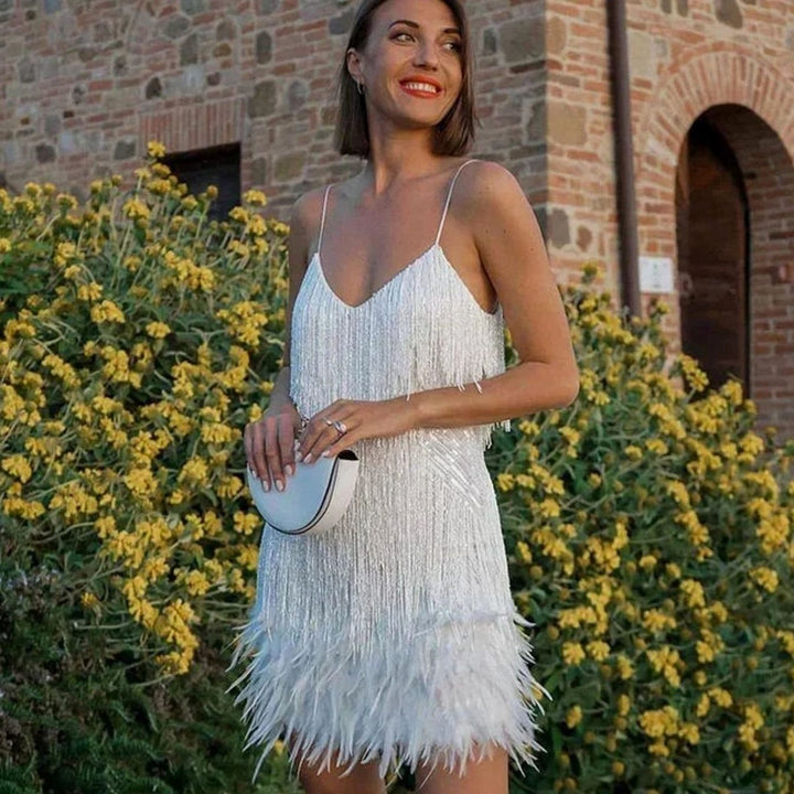 Women's Sequin Feather-Fringe Spaghetti-Strap Formal Mini Dress - White