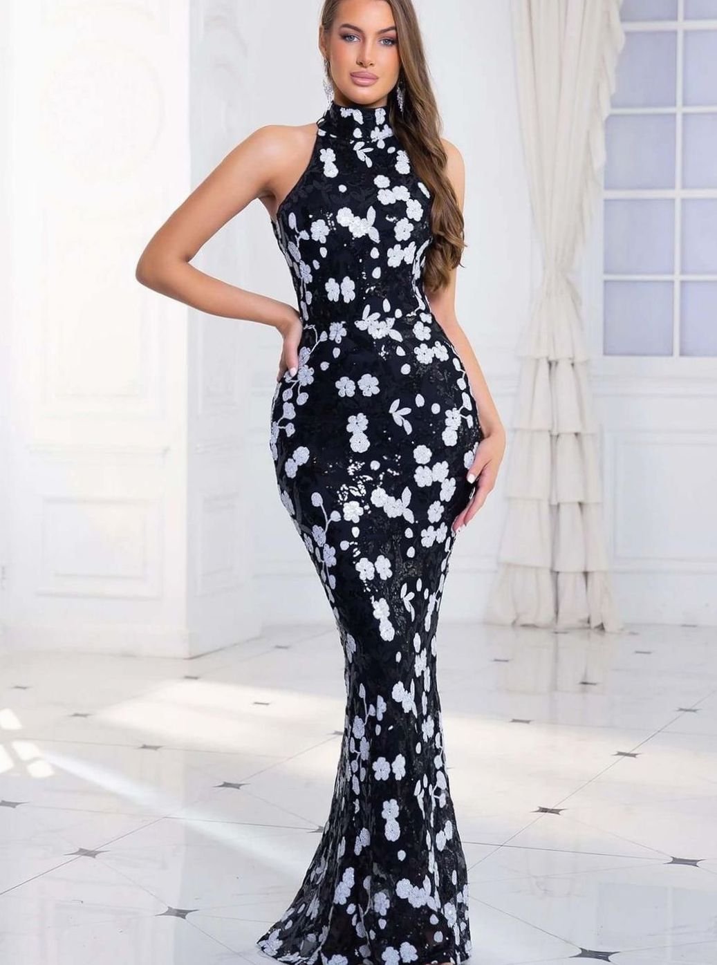 Women's Sequin Floral Halter-Neck Maxi Christmas Party Dress