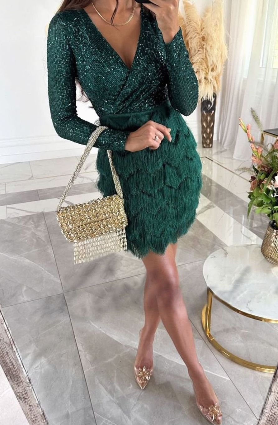 Women's Sequin Fringe Christmas Party Mini Dress Long Sleeve V-Neck