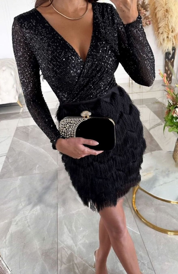 Women's Sequin Fringe Christmas Party Mini Dress Long Sleeve V-Neck